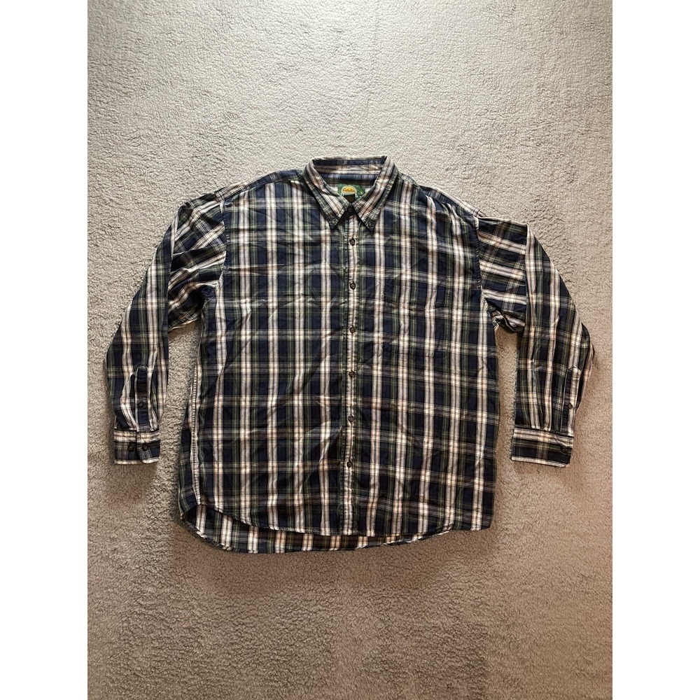 Cabelas Shirt Mens Extra Large Blue White Green Plaid Button Down Cotton Outdoor